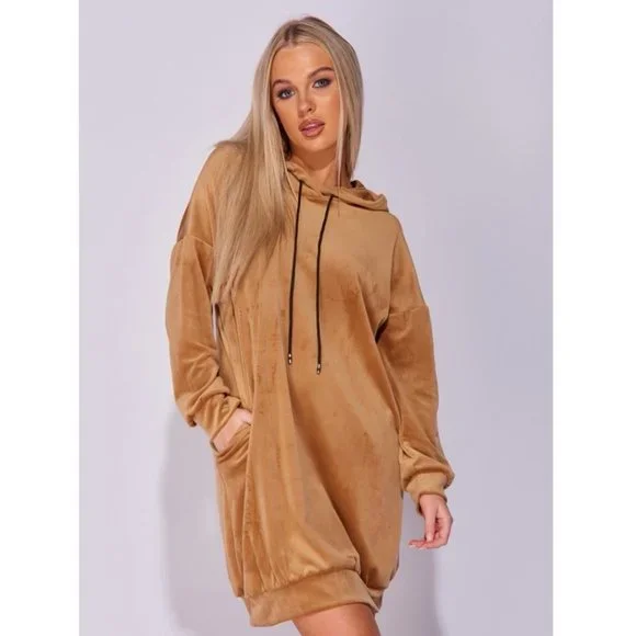 Beige Suede Long Sleeve Hooded Loose Fit Oversized Mini Dress Sweatshirt - Picture 1 of 8